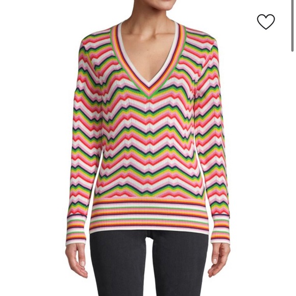 TRINA TURK Take Off V-Neck Chevron Cotton Sweater Pullover Women’s Size Medium - Picture 1 of 8